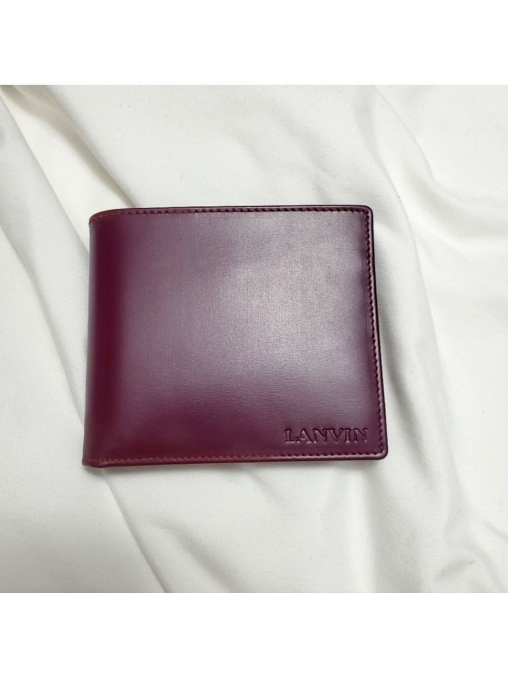 Authentic LANVIN PARIS Bifold Wallet Burgundy Leather Gold Logo France